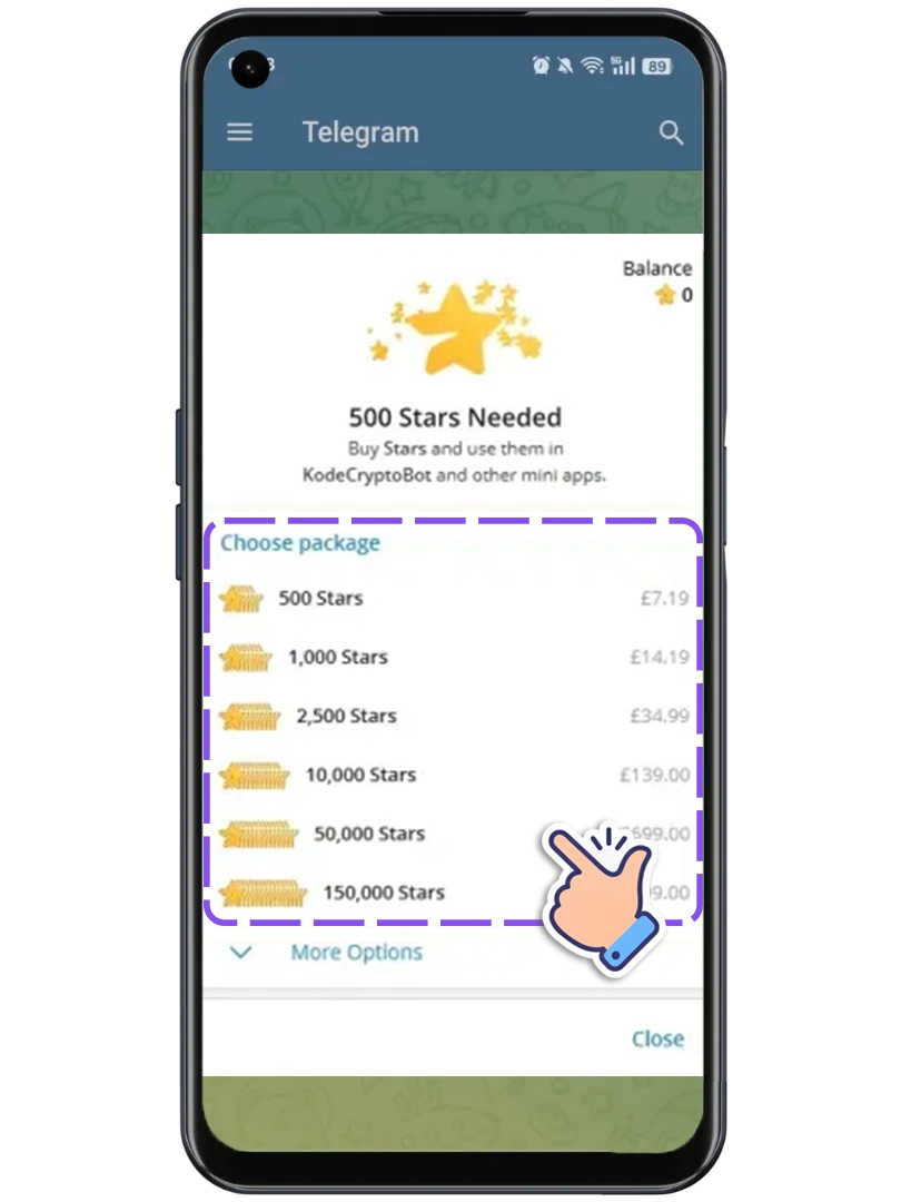 Buy Stars in the Telegram Android app with Google Pay or a bank card
